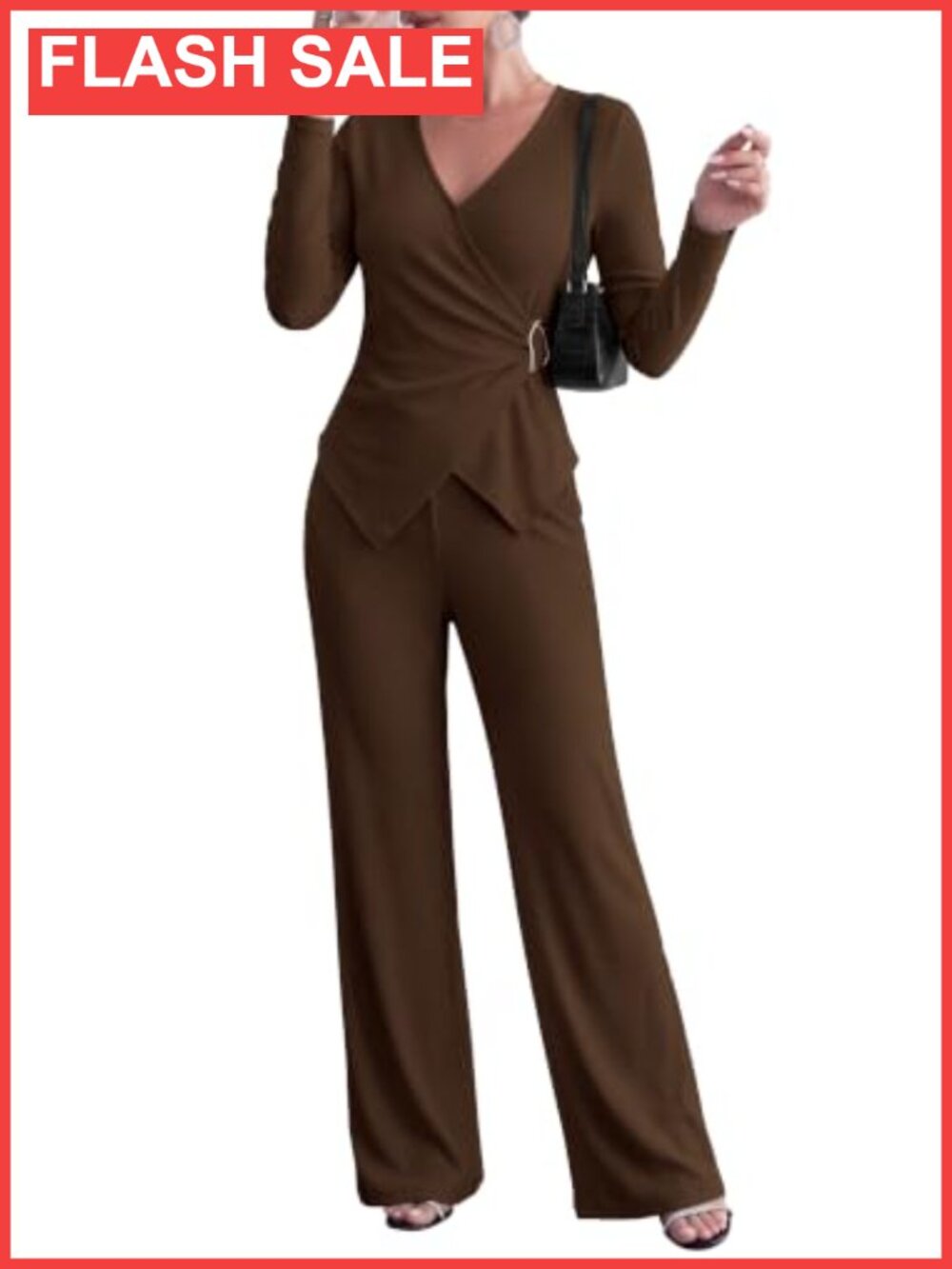 Women 2 Piece Lounge Set Ribbed Knit Wide Leg Pants Wrap V-Neck Top